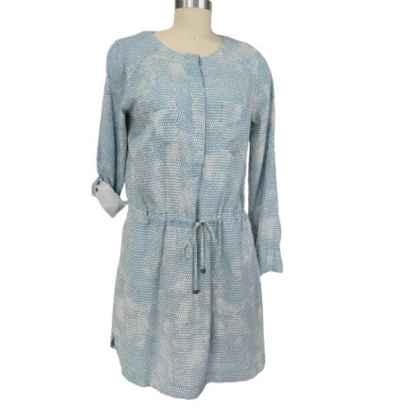 Lou & Grey Blue Geometric Print Drawstring Waist Dress Size S Roll Tab Sleeves - Picture 1 of 10